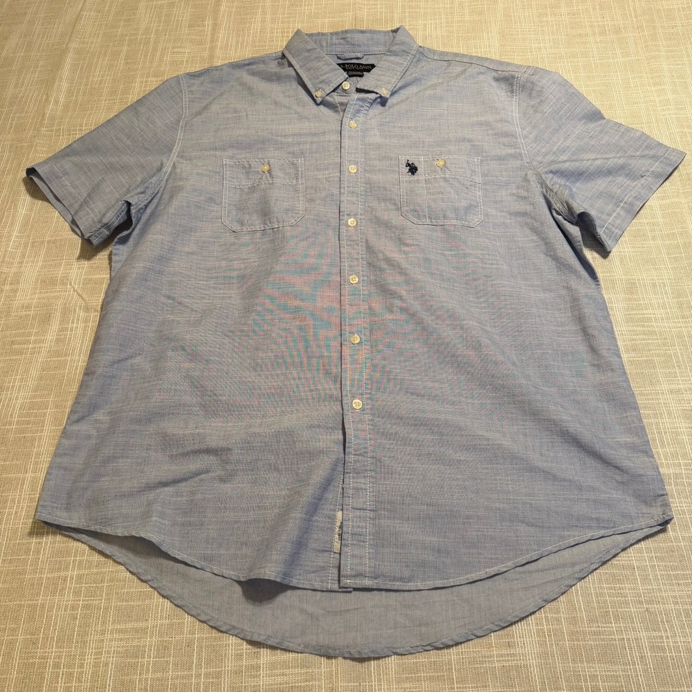 US Polo Assn Mens XXL Short Sleeve Button‎ Down Shirt Light Blue 115318ZW NEW